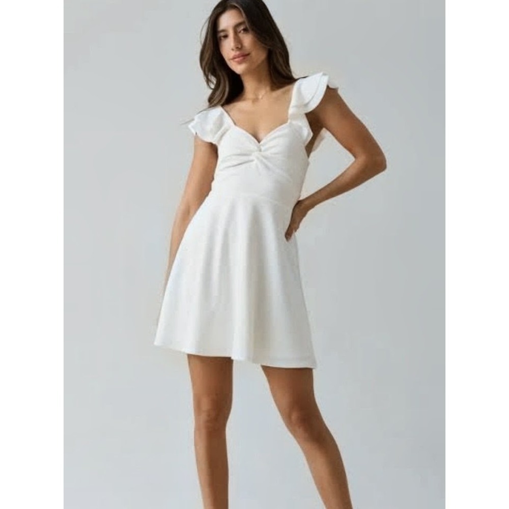 Altar'd State White Ruffle Sleeve Twist Front Fit & Flare Skater Dress  NWT